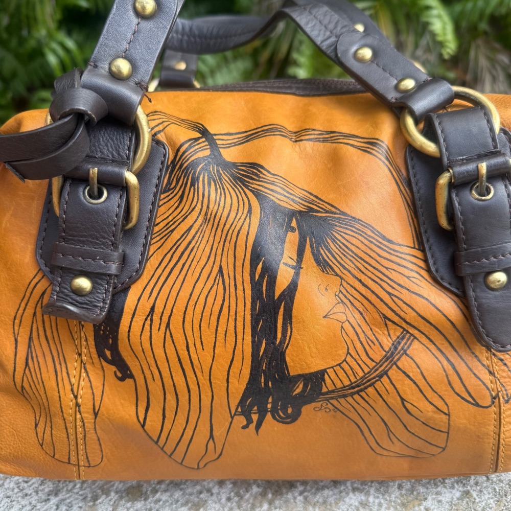 Lucky Brand Upcycled Hand Painted Art Nouveau Leather Hand Bag OOAK Wearable Art